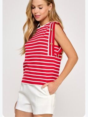 MEXX Red & White Striped Muscle Knit Top with Gold Buttons - Size Large